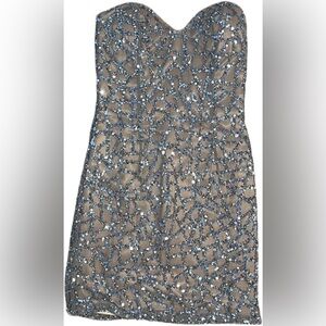 Mini strapless nude sequence evening prom dress